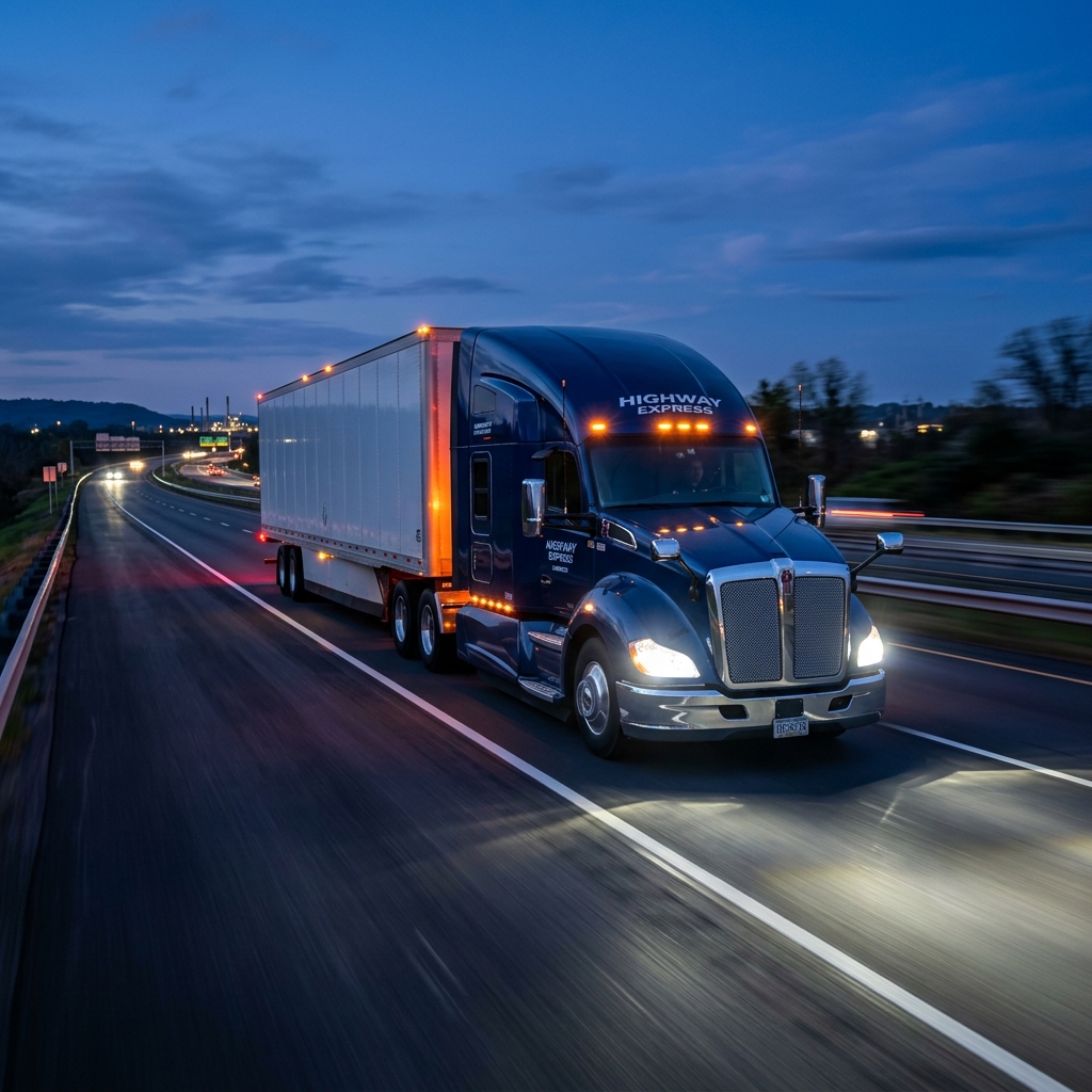 The Reign Insurance - Heavy Duty Commercial Truck in Motion at Dusk